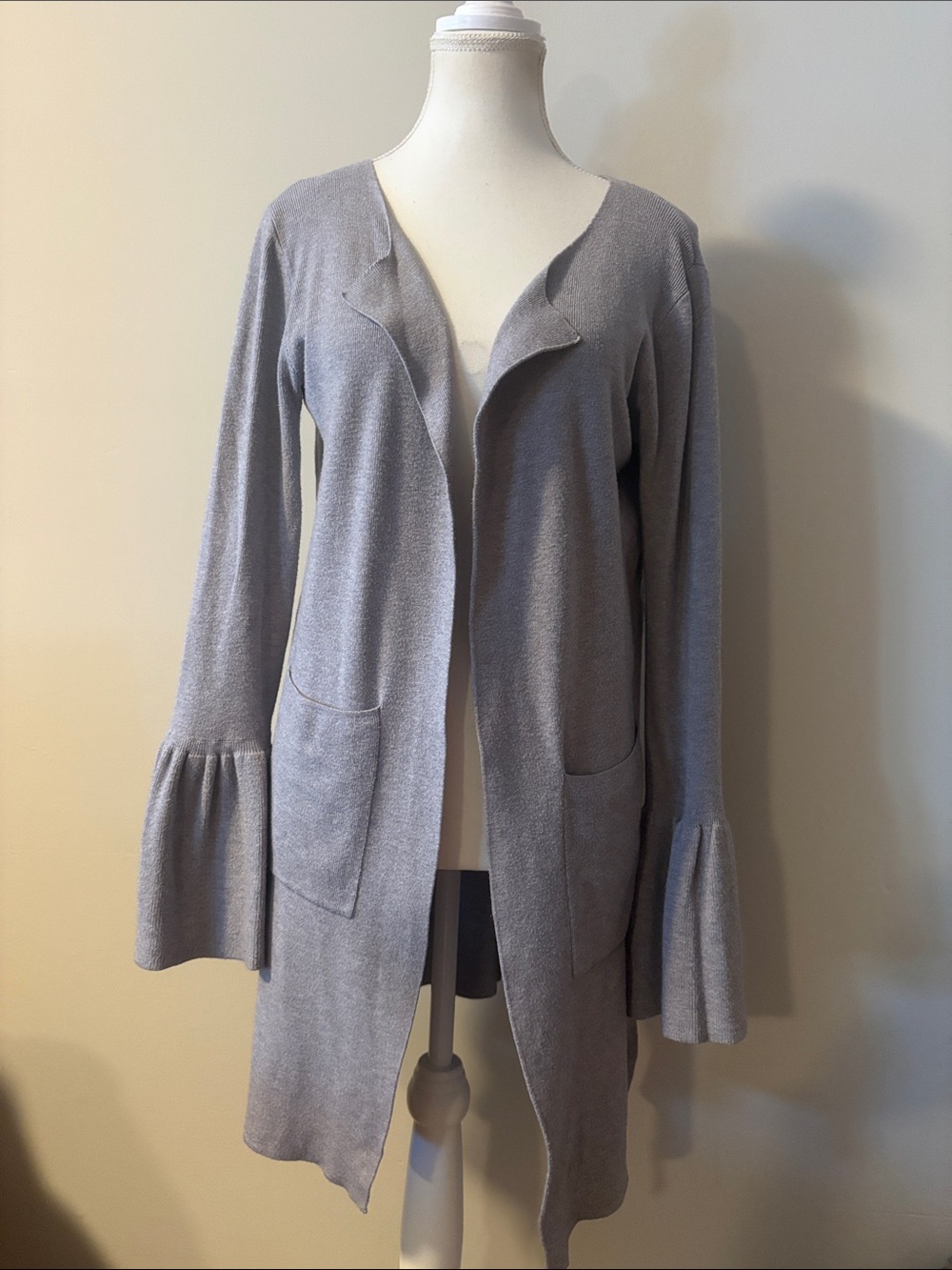 Fate Light Gray Ruffle-Cuff Bell Sleeve Open Cardigan. Size S/M